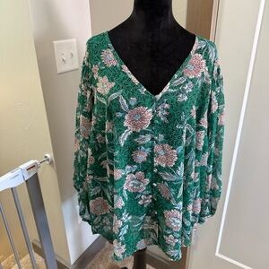 Torrid Green Sheer Floral V-Neck Button Down Blouse Ruffle Lightweight Spring 2X